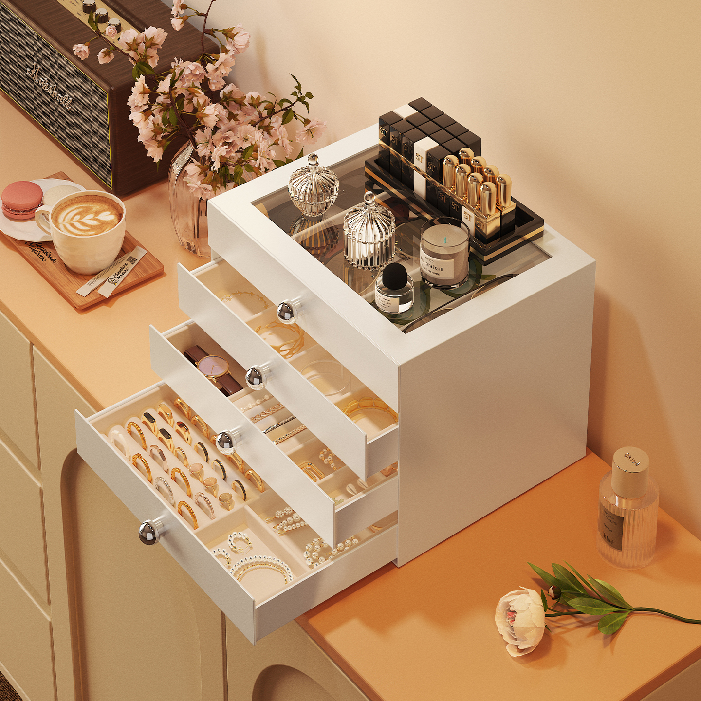 玄关饰品盒黄金首饰收纳盒家用耳环耳钉戒指项链收纳盒多层置物架