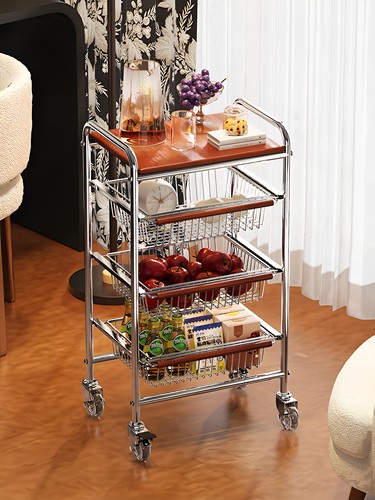 304不锈钢家用多层零食置物架小推车落地可移动卧室客厅收纳架子