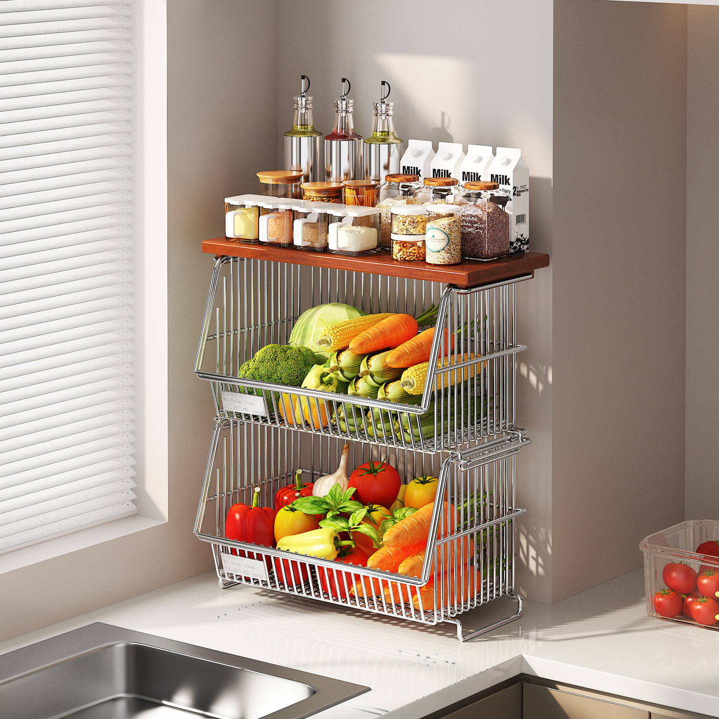 厨房菜篮子置物架台面调味品收纳架不锈钢橱柜内分层多功能储物架,厨房/烹饪用具,调料置物架,淘宝优惠券,粉丝福利购,淘宝优惠卷