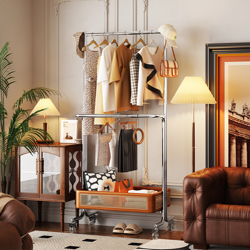 中古置地式晾衣架落地卧室家用可移动衣帽架复古多功能收纳挂衣架