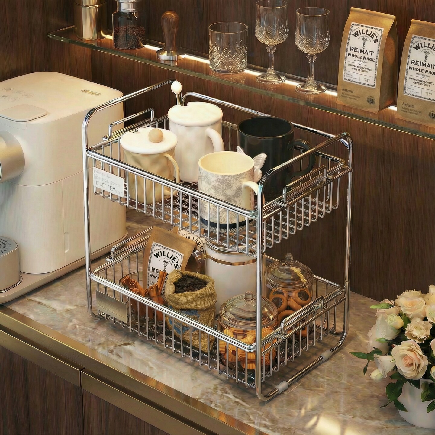 桌面不锈钢水杯置物架简约高级感茶具咖啡杯放置架餐边零食收纳筐
