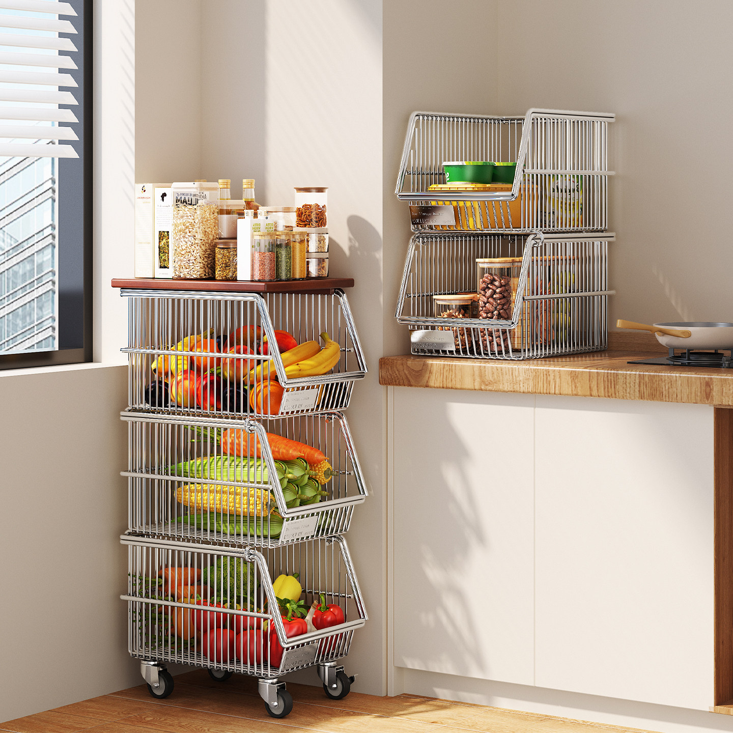 厨房蔬菜置物架小推车多功能夹缝菜篮子不锈钢落地移动零食收纳筐,厨房/烹饪用具,果蔬置物架/篮/框,淘宝优惠券,粉丝福利购,淘宝优惠卷