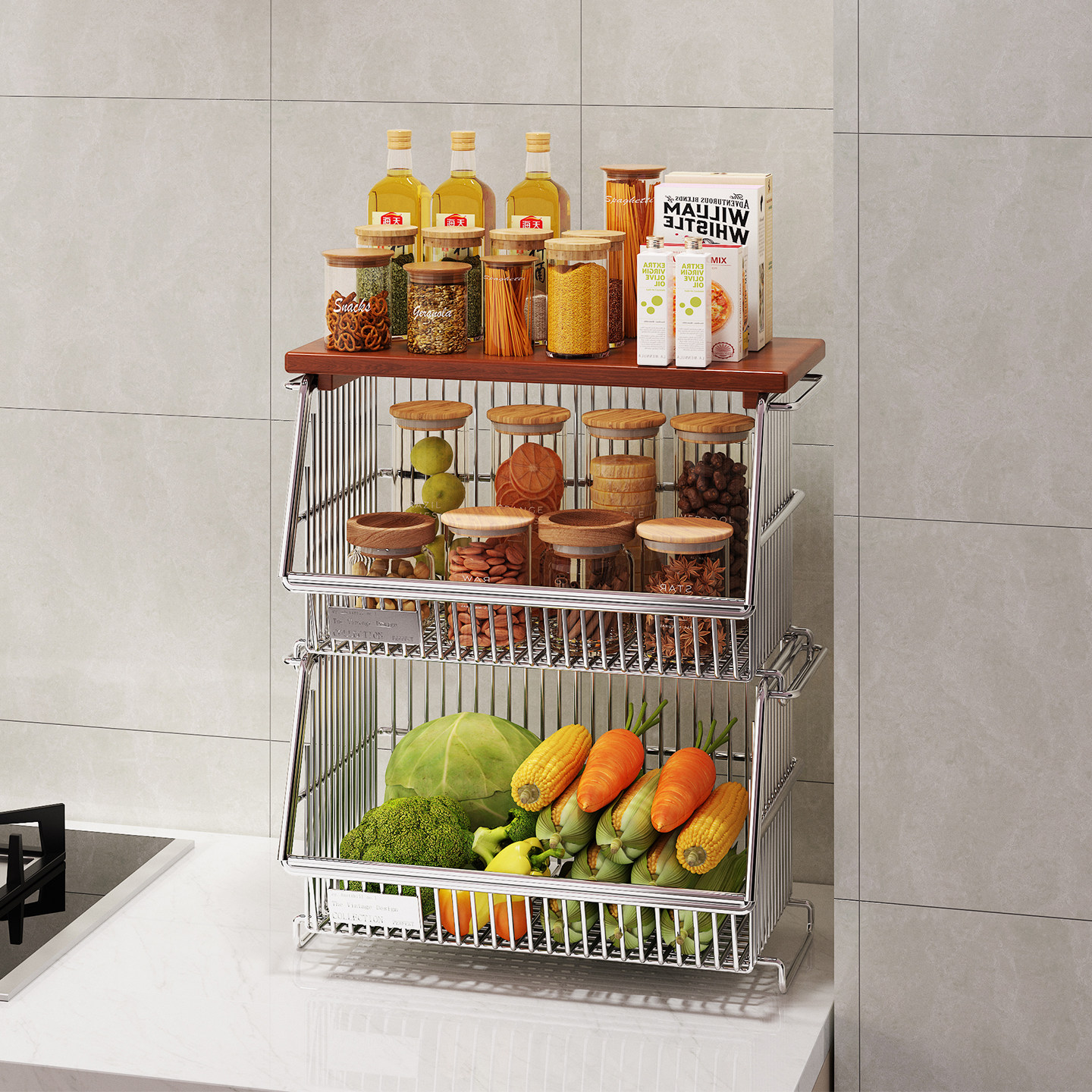 中古风多层大容量水果零食收纳架家用厨房置物架304不锈钢蔬菜篮