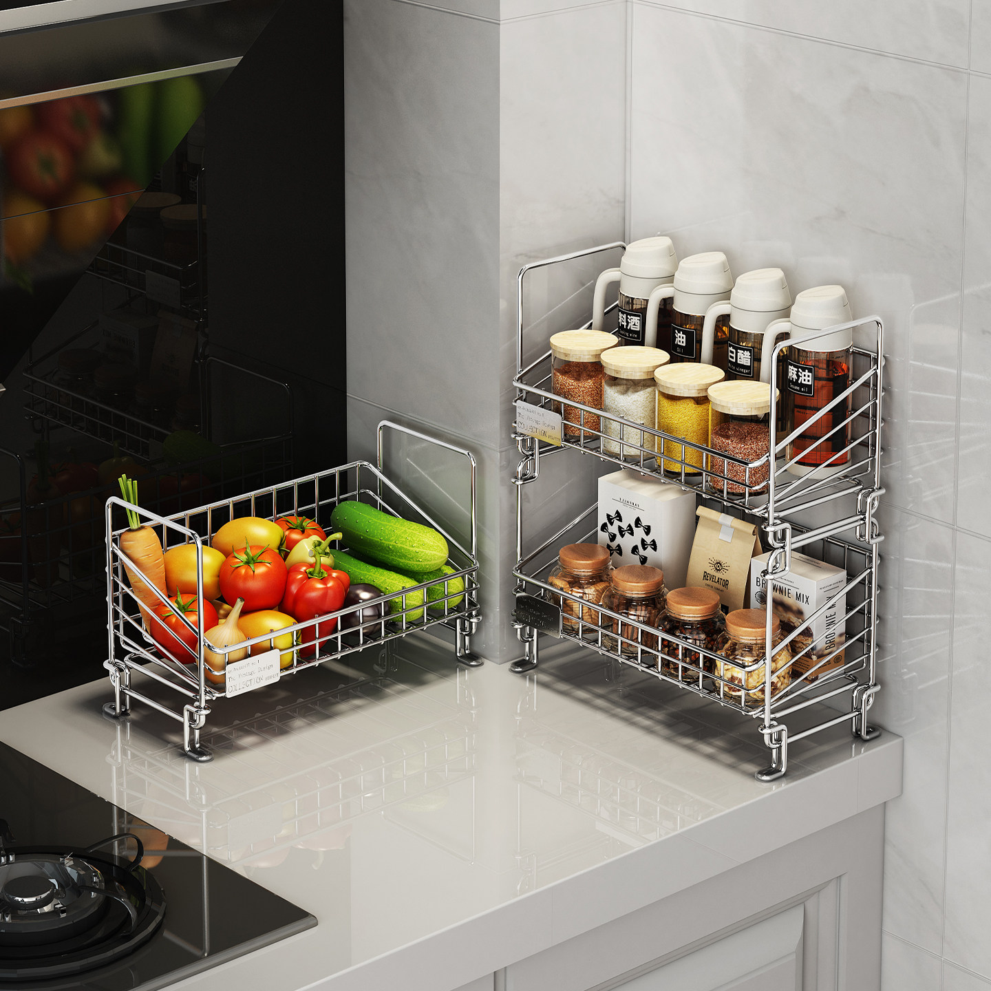 新款厨房调味品置物架台面蔬菜水果收纳筐家用不锈钢多层收纳架子,厨房/烹饪用具,调料置物架,淘宝优惠券,粉丝福利购,淘宝优惠卷