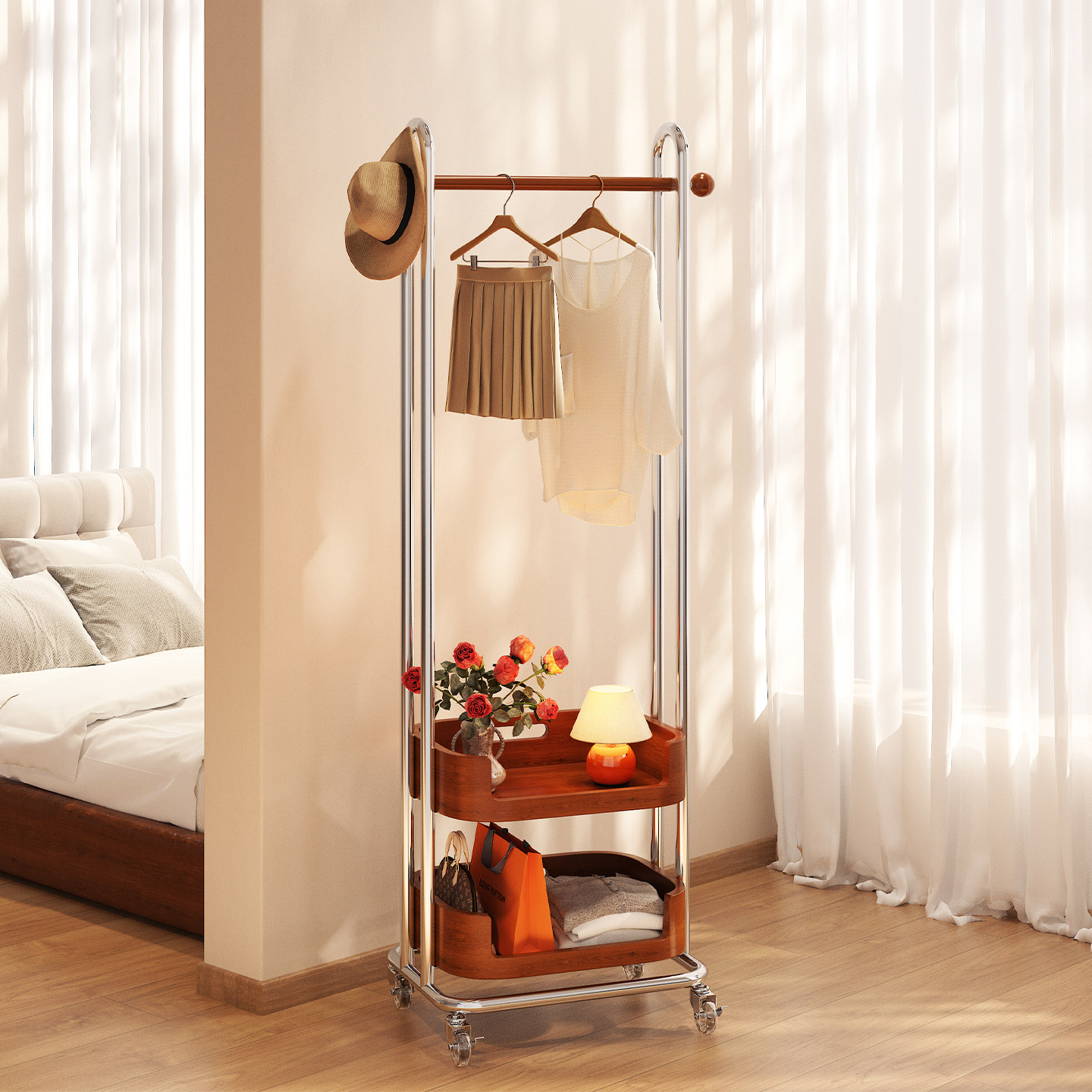 卧室落地挂衣架主卧衣帽架移动实木室内玄关房间用次净衣服置物架