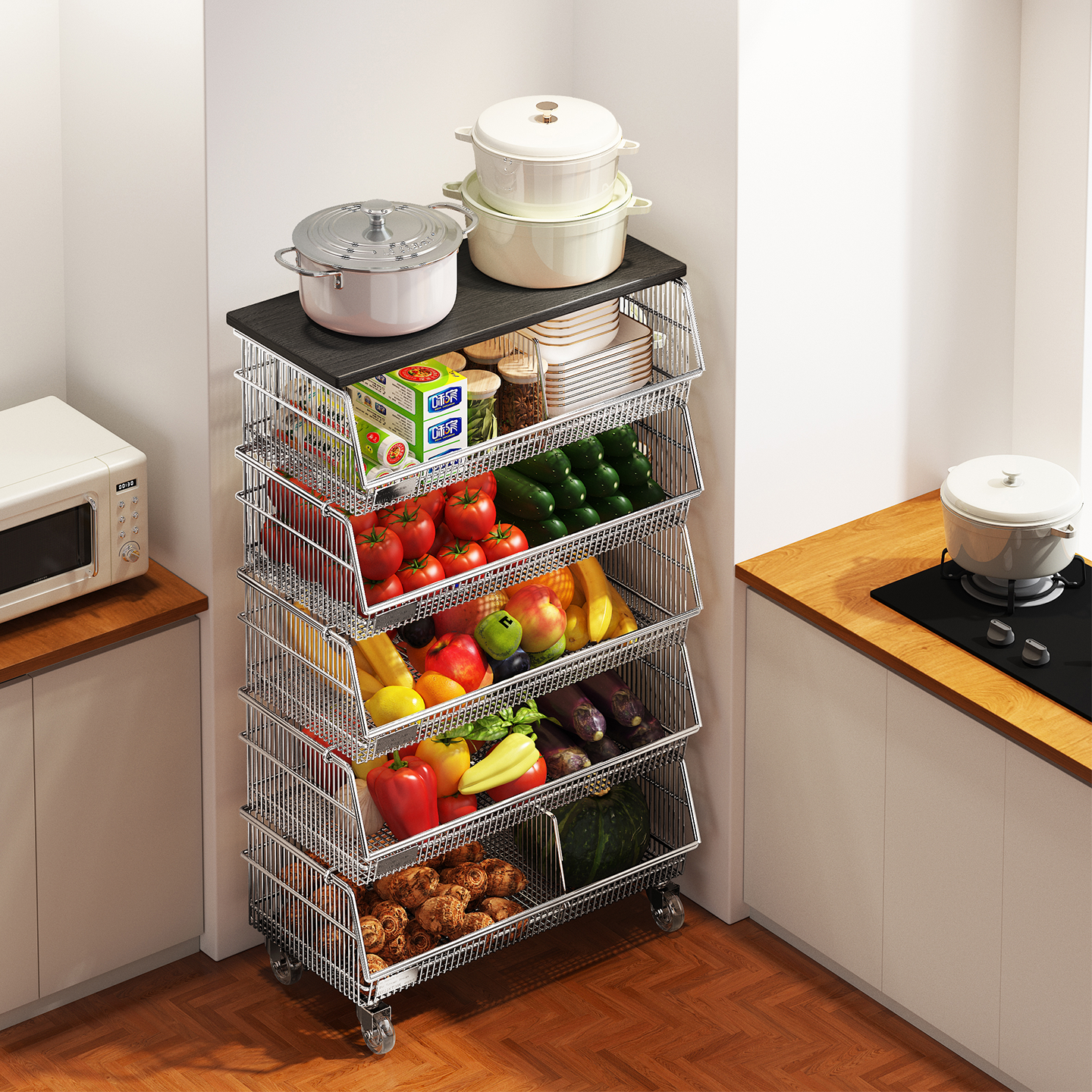 新款厨房不锈钢置物架水果蔬菜收纳篮多功能大容量落地移动小推车,厨房/烹饪用具,果蔬置物架/篮/框,淘宝优惠券,粉丝福利购,淘宝优惠卷