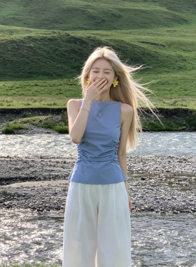 HUAX 复古蓝色圆领腰部抽褶无袖背心女夏季气质修身显瘦百搭上衣