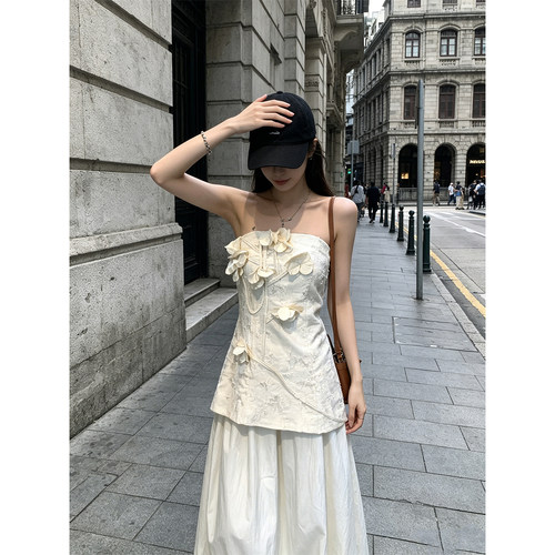 HUAX 纯欲风立体花瓣抹胸背心女装夏季小众收腰显瘦露肩百搭上衣