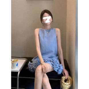 HUAX 蓝色重工立体花朵无袖背心连衣裙女高级修身感显瘦蓬蓬短裙