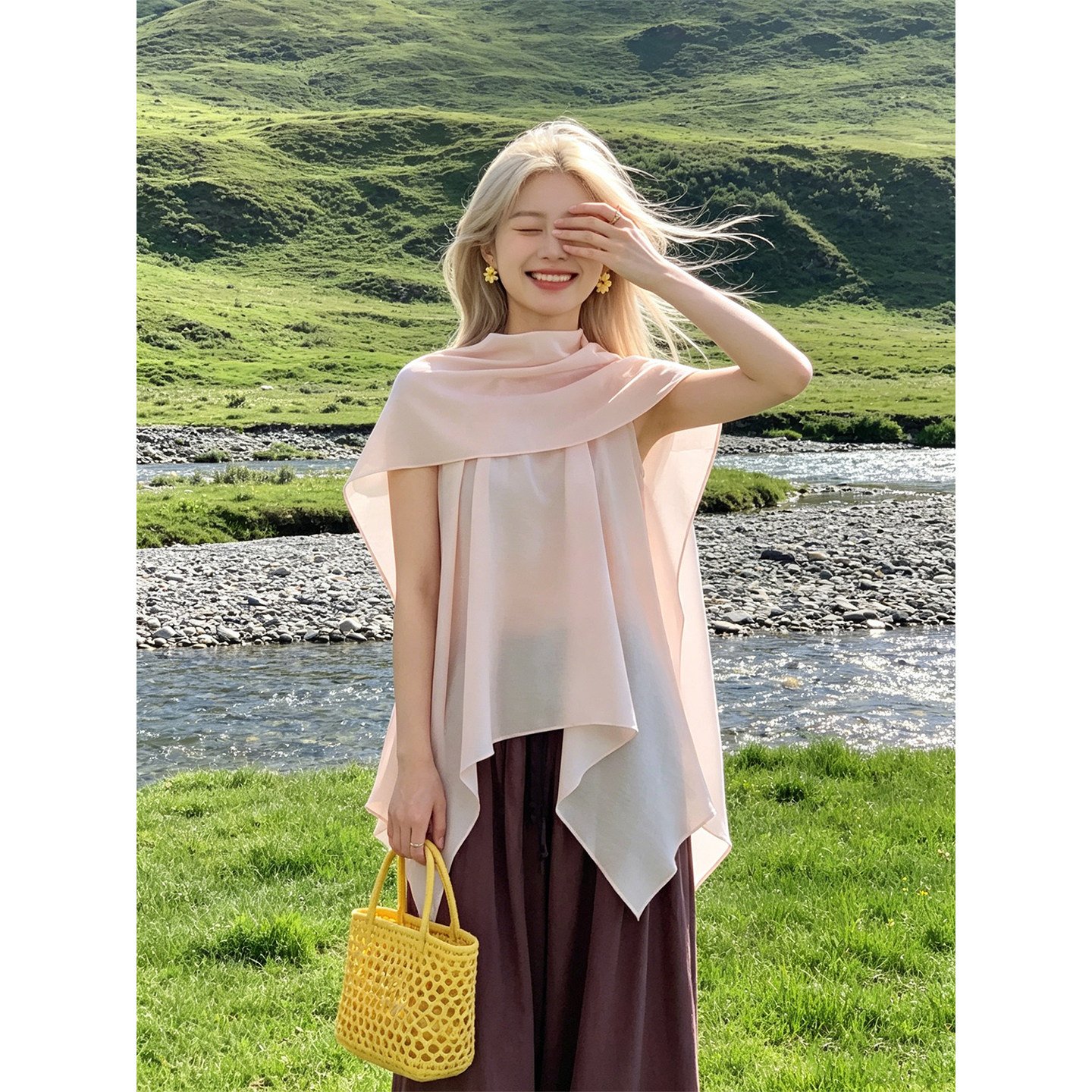HUAX 粉色飘逸感无袖披肩衬衫女装夏季时尚通勤宽松显瘦百搭上衣