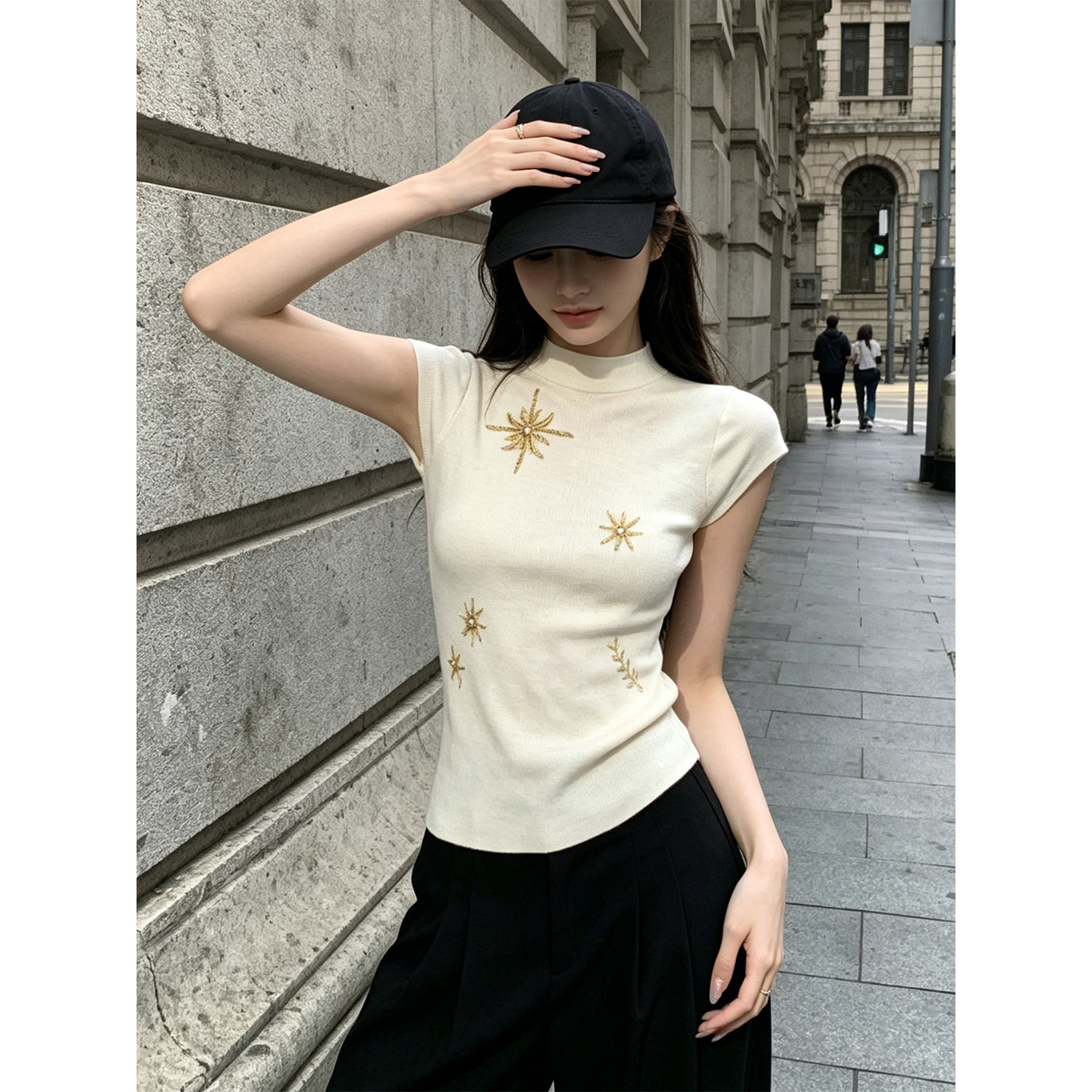 HUAX 设计感半高领钉珠小飞袖针织衫女别致修身显瘦百搭外穿上衣