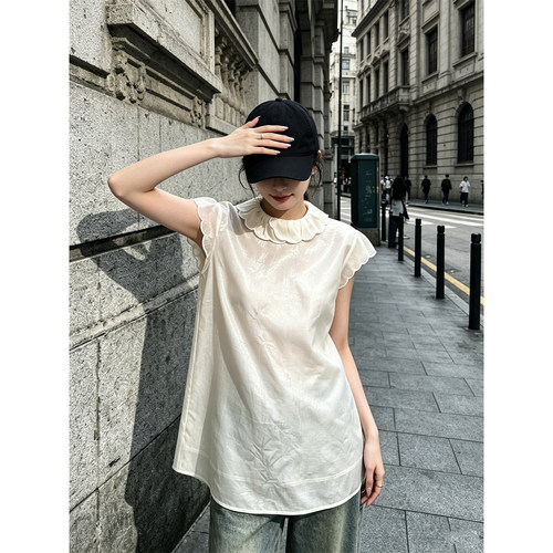 HUAX 新中式复古荷叶边飞飞袖衬衫女圆领宽松中长款通勤百搭上衣