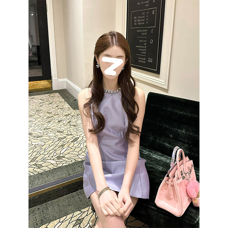 HUAX 优雅气质钻饰圆领挂脖连衣裙女夏季辣妹甜美紫色收腰短裙子