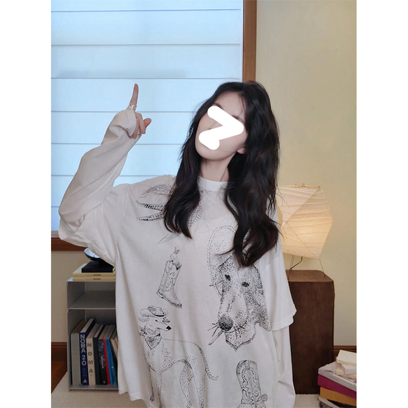 HUAX 设计感小狗印花假两件长袖T恤女装早秋休闲宽松百搭圆领上衣