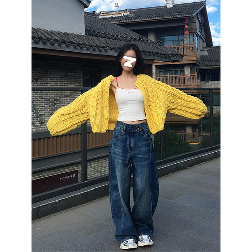 HUAX 高级感黄色显白重工编织针织开衫女秋宽松百搭短款毛衣外套