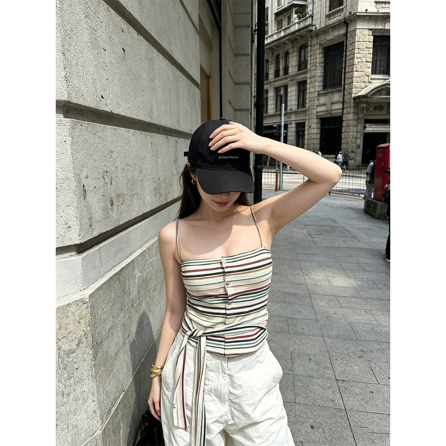 HUAX 美式辣妹彩色条纹吊带背心女前扣绑带收腰修身显瘦外穿上衣