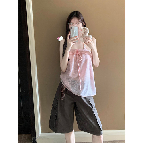 HUAX 甜辣妹粉色系带花纹抹胸背心女夏季设计感微透露肩吊带上衣