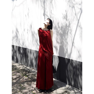 HUAX 当天发 超好看氛围感红色无袖连衣裙女不规则堆褶背心长裙子