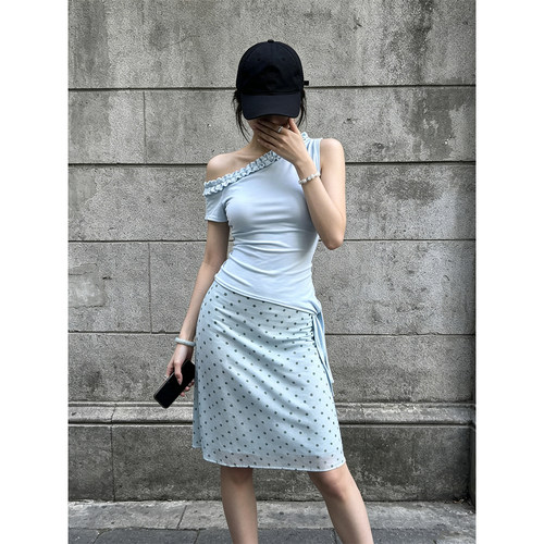 HUAX 韩系甜辣不规则斜肩木耳边褶皱T恤女装收腰显瘦百搭绑带上衣