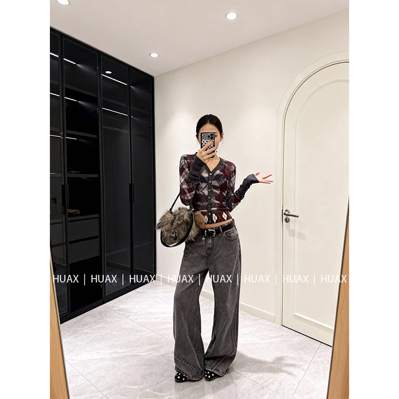 HUAX 复古辣妹不规则菱格V领针织开衫女气质修身显瘦微透短款上衣