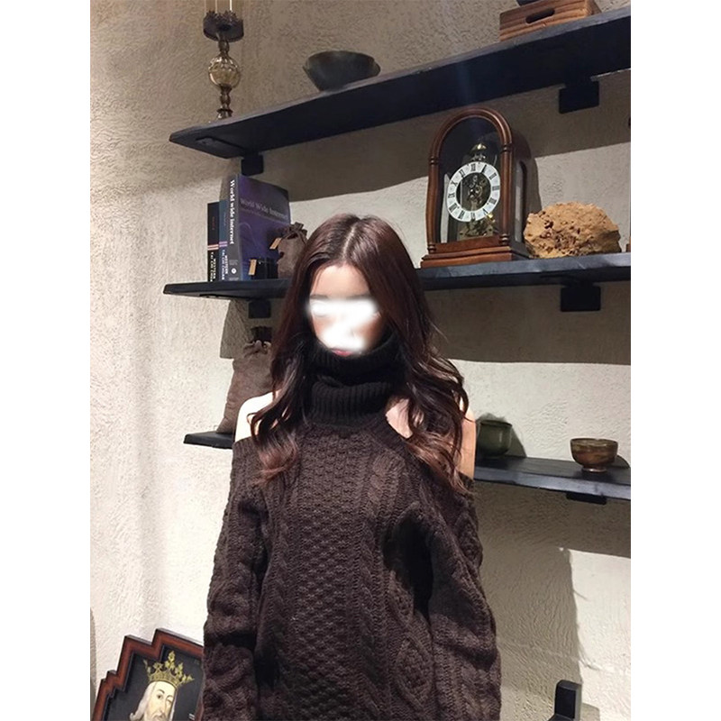 HUAX 现货当天发 气质黑色高领露肩针织衫女辣妹宽松显瘦麻花毛衣