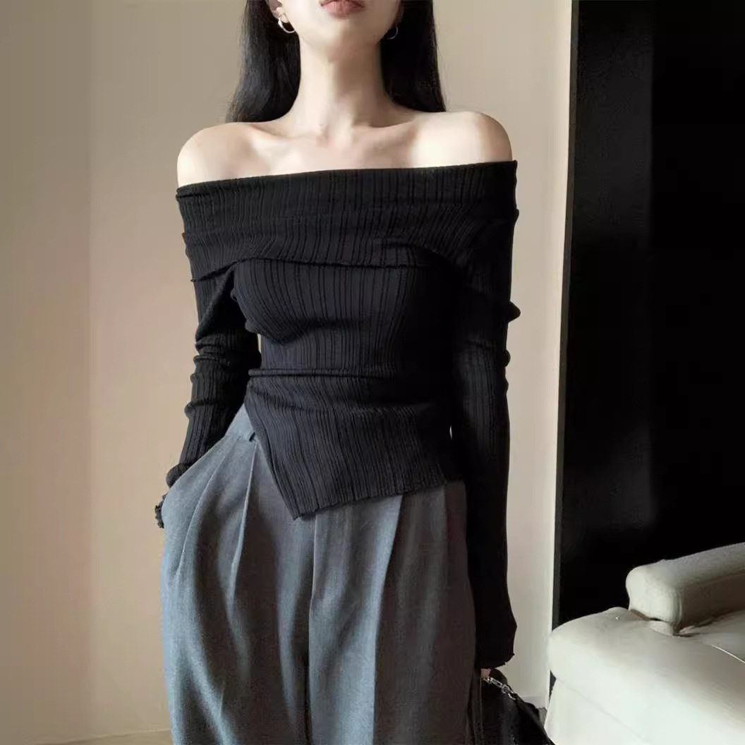 辣妹一字领露肩性感长袖T恤女上衣修身显瘦纯欲风打底衫 一件代发