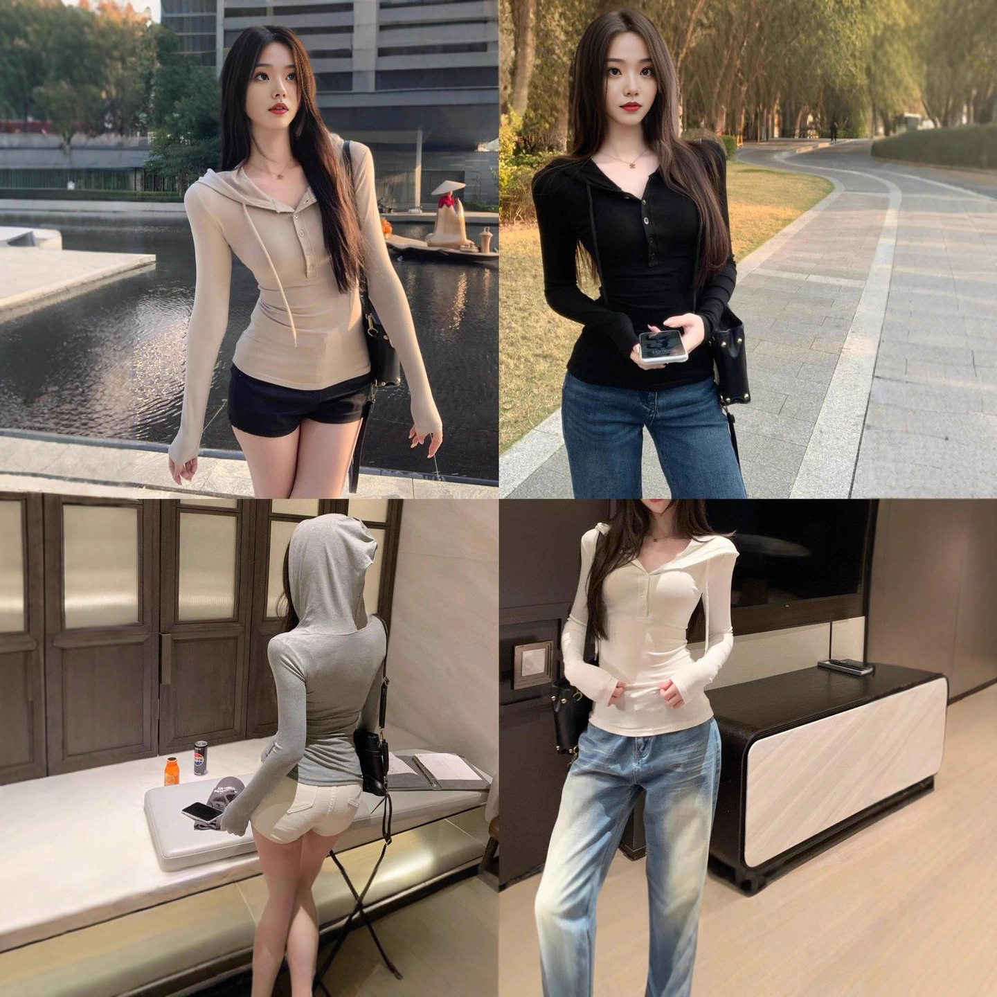 简约美式辣妹修身显瘦半开扣连帽卫衣收腰早秋内搭长袖学生上衣女