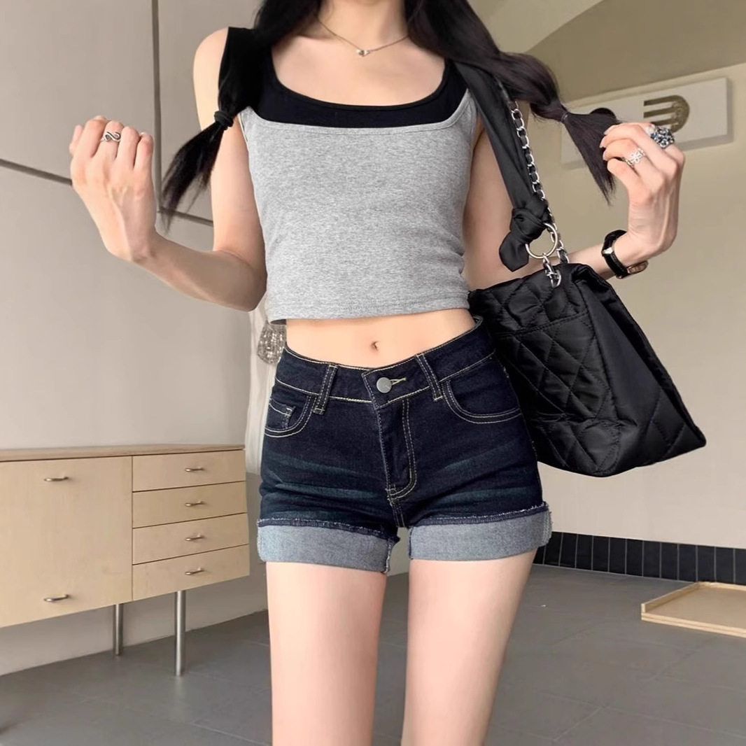 水洗翻边牛仔短裤女2025夏季辣妹高腰显瘦a字裤弹力紧身包臀热裤