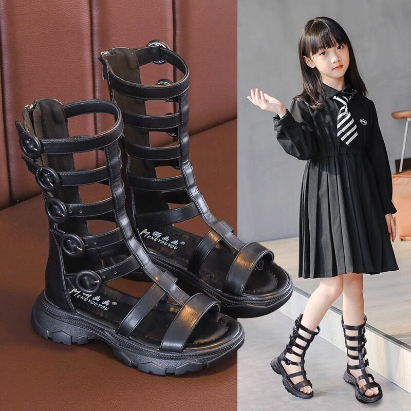女童鞋儿童罗马凉鞋2023新款夏季走秀公主时尚中大童镂空高筒凉靴