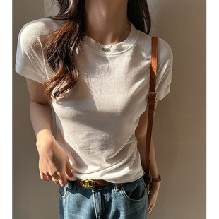 短袖 上衣女春夏季 莱赛尔天丝正肩高级感修身 显瘦内搭遮肚子打底衫