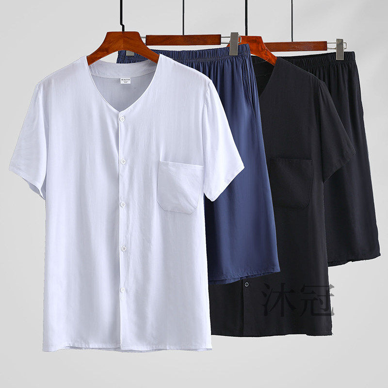 男士棉绸睡衣裤套组薄款宽松大尺码短袖开襟外套上衣短裤爸爸人造,女士内衣/男士内衣/家居服,睡衣/家居服套装,淘宝优惠券,粉丝福利购,淘宝优惠卷