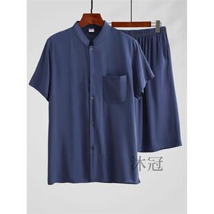 中老年棉绸短袖短裤套装男透气薄凉快爸爸开衫上衣爷爷人造棉睡衣