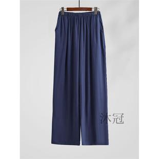 棉绸长裤男士大码中老年宽松人造棉睡裤爷爷双口袋薄款爸爸直筒裤