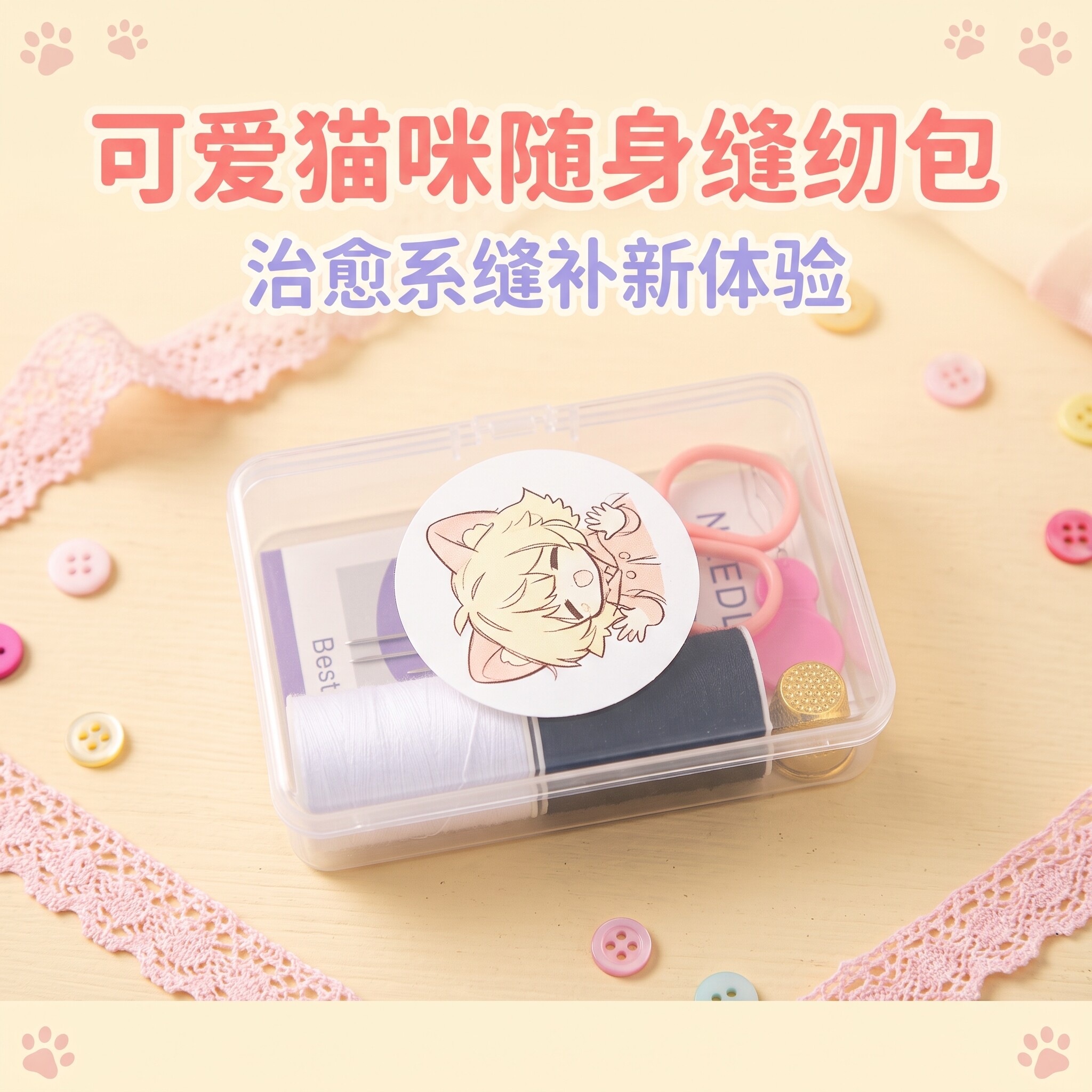 可爱猫咪随身缝纫包针线盒便携线盒治愈系缝补工具收纳盒迷你套装