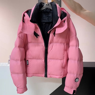 撞色连帽羽绒服女冬季新款设计感小众加厚保暖短款90白鸭绒外套潮