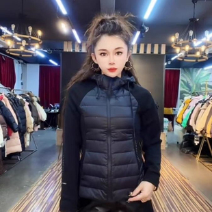 2025新款女士拼接羽绒服修身运动保暖90白鹅绒连帽瑜伽修身外套