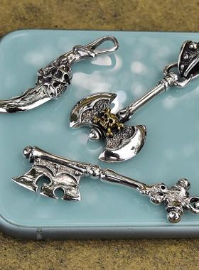 泰国进口男女潮朋克骷髅头维京战斧弯刀造型泰银吊坠925纯银挂件