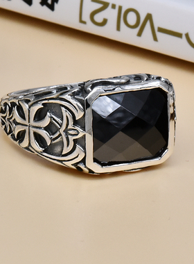 *泰国进口，切面黑玛瑙方钻男士气质复古泰银戒指，925纯银指环