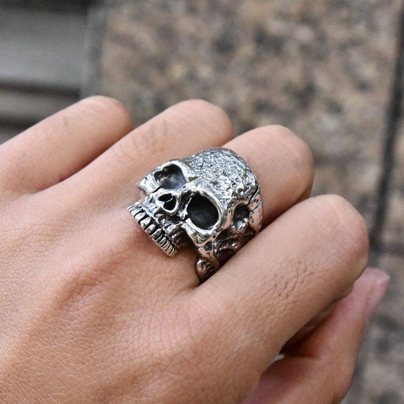 泰国进口男士朋克机车凿面裂痕骷髅头泰银戒指925纯银哥特风指环