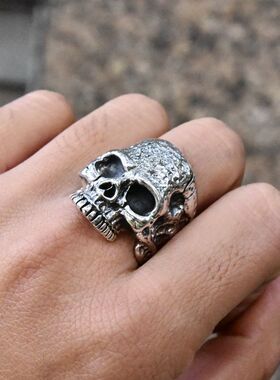 泰国进口男士朋克机车凿面裂痕骷髅头泰银戒指925纯银哥特风指环