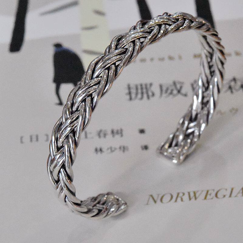 男女复古清迈手工编织麻花纹开口泰银大圈口手镯925纯银手环饰品