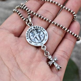 泰国进口男女复古天使圣剑圆牌镶白钻十字架泰银吊坠925纯银挂件