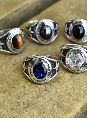 男士进口镶嵌水晶石戒面五星老兵不死泰银戒925纯银欧美朋克指环