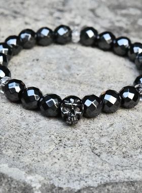日系进口全镀黑合金骷髅头切面灰铁矿圆珠子白水晶间隔珠哥特手链