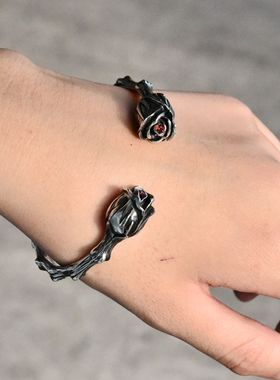 女士开口复古纯银朋克风手环