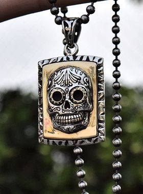 gv男士朋克银铜混搭骷髅头方牌泰银吊坠925纯银重工军牌项链挂件
