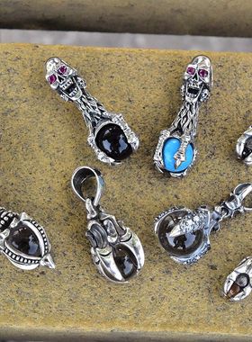 孤品男女复古朋克镶嵌水晶球珠子骷髅头龙爪泰银吊坠925纯银挂件