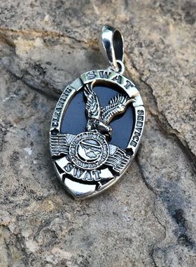 进口男925纯银黑玛瑙夹片美国S.W.A.T特警队老鹰标志泰银吊坠挂件