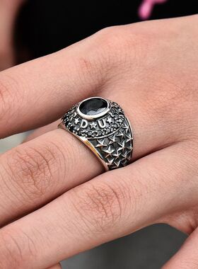 进口男士925纯银镶钻五星宽戒指