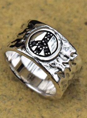 进口男士925纯银反战标志宽指环
